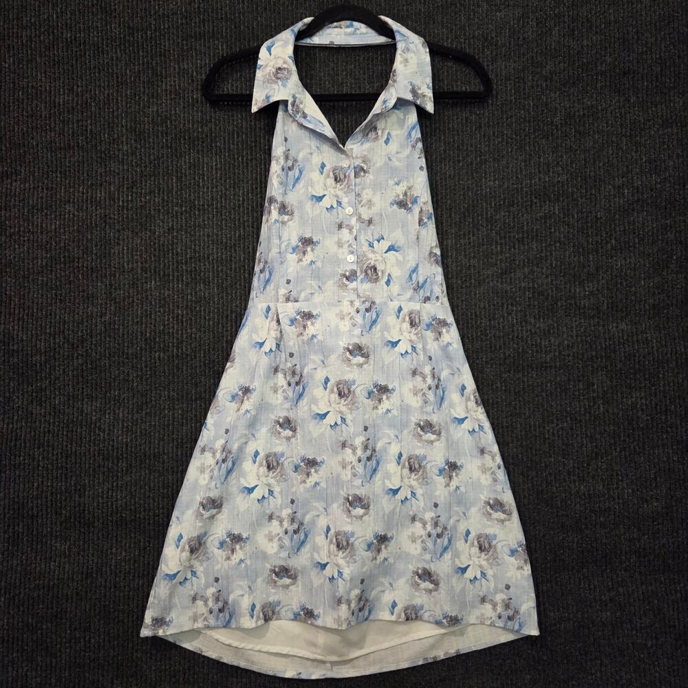 Lulus Halter Dress Blue Floral Mini Dress Open Back Large Fit and Flare